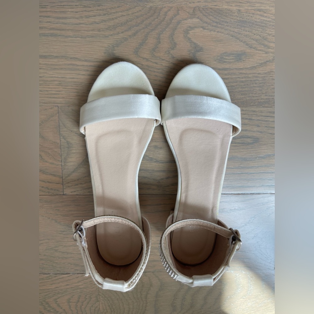 Ivory Satin Heel Sandals with Mini Rhinestones Embellished Ankle Strap